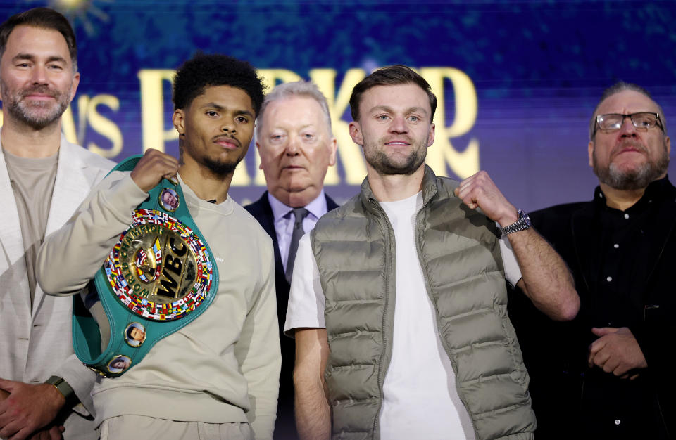 RIYADH, SAUDI ARABIA - FEBRUARY 20: Shakur Stevenson and Josh Padley face off, ahead of thier WBC World Light title fight against during press conference as part of Beterbiev v Bivol 2: The Last Crescendo at Boulevard City on February 20, 2025 in Riyadh, . (Photo by Richard Pelham/Getty Images)