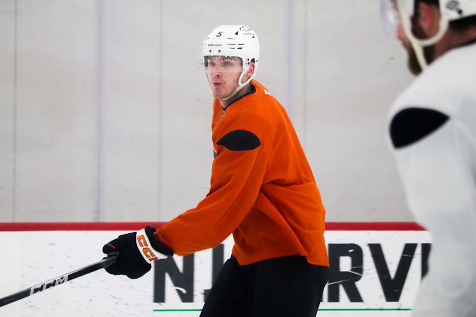 Philadelphia Flyers defenseman Egor Zamula (5) during practice on Feb. 25, 2025. (Megan DeRuchie-The Hockey News)