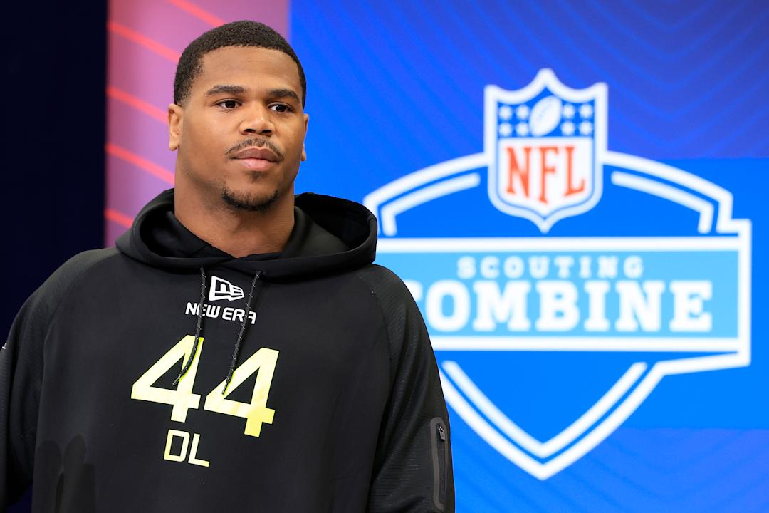 INDIANAPOLIS, INDIANA - FEBRUARY 26: Abdul Carter #DL44 of Penn State speaks to the media during the 2025 NFL Combine at the Indiana Convention Center on February 26, 2025 in Indianapolis, Indiana. (Photo by Justin Casterline/Getty Images)