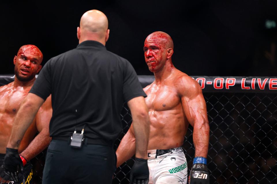 Mixed Martial Arts - UFC 304 - Manchester - Co-op Live, Manchester, Britain - July 28, 2024. Christian Leroy Duncan and Gregory Rodrigues look on after their fight during UFC 304. REUTERS/John Sibley