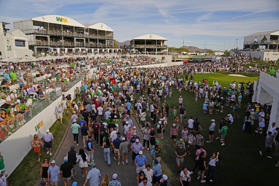 Fans leave after the third round of the Phoenix Open at TPC Scottsdale on Feb. 8, 2025.