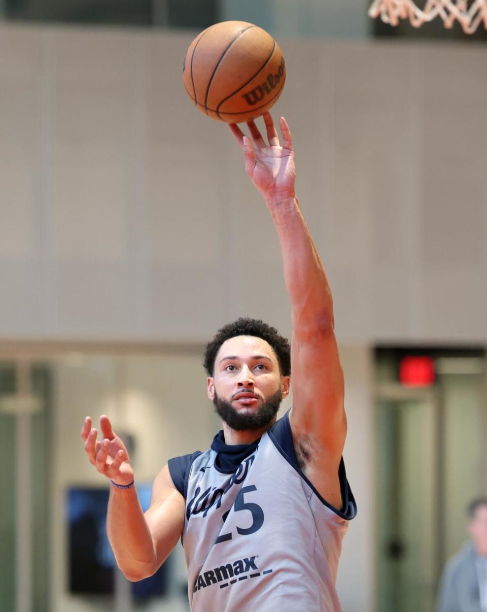 Clippers guard Ben Simmons lofts a left-handed shot during practice on Tuesday at Intuit Dome.