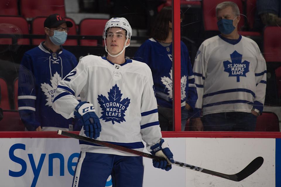 Sep 29, 2021; Ottawa, Ontario, CAN; Toronto Maple Leafs defenseman Filip Kral (82) looks up during warmup prior to game against the Ottawa Senators at the Canadian Tire Centre. (Marc DesRosiers-Imagn Images)