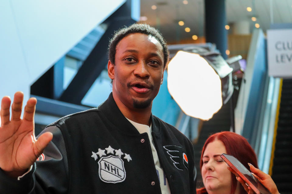 Former Philadelphia Flyers forward Wayne Simmonds gets interviewed during the Carnival. (Megan DeRuchie-The Hockey News)