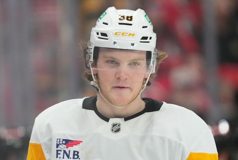 Jan 5, 2025; Raleigh, North Carolina, USA; Pittsburgh Penguins defenseman Owen Pickering (38) looks on against the Carolina Hurricanes during the second period at Lenovo Center. (James Guillory-Imagn Images)