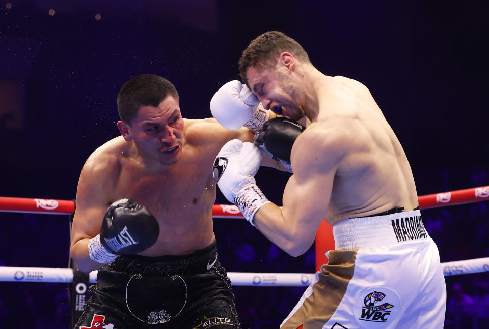 RIYADH, SAUDI ARABIA - FEBRUARY 22: Vergil Ortiz Jr punches Israil Madrimov during the WBC Interim World Super Welterweight Title fight between Vergil Ortiz Jr and Israil Madrimov as part of Beterbiev v Bivol 2: The Last Crescendo at Kingdom Arena on February 22, 2025 in Riyadh, Saudi Arabia. (Photo by Richard Pelham/Getty Images)