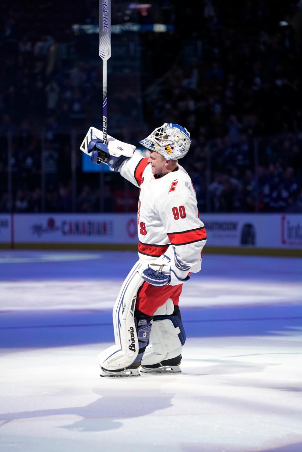 Feb 22, 2020; Toronto, Ontario, CAN; Carolina Hurricanes emergency goaltender David Ayres (90) is named the games first star after a win over the Toronto Maple Leafs at Scotiabank Arena. (John E. Sokolowski-Imagn Images)