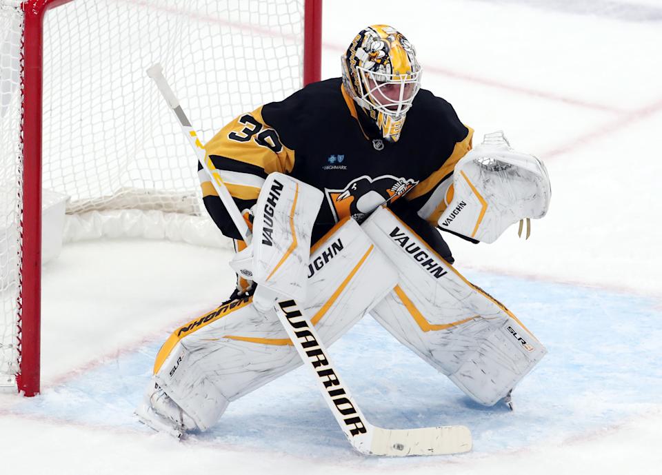 Jan 9, 2025; Pittsburgh, Pennsylvania, USA; Pittsburgh Penguins goaltender Alex Nedeljkovic (39) guards the net against the Edmonton Oilers during the third period at PPG Paints Arena. (Charles LeClaire-Imagn Images)