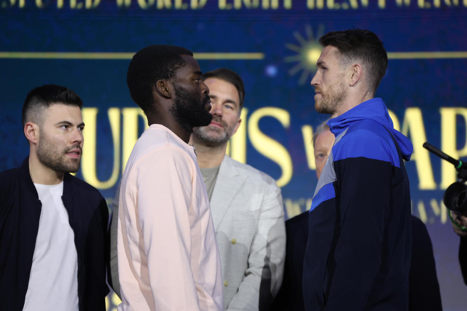 RIYADH, SAUDI ARABIA - FEBRUARY 20: Joshua Buatsi and Callum Smith during press conference as part of Beterbiev v Bivol 2: The Last Crescendo on February 20, 2025 in Riyadh, Saudi Arabia. (Photo by Mark Robinson/Getty Images)