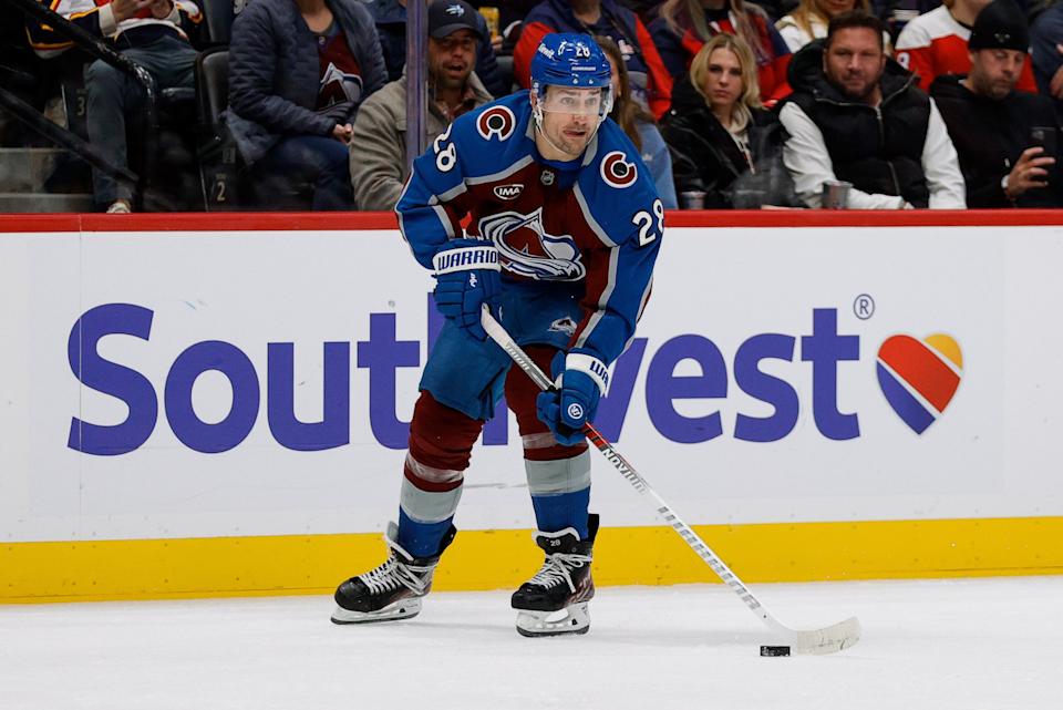 Colorado Avalanche left wing Miles Wood (28) controls the puck in the second period against the Washington Capitals at Ball Arena. Mandatory Credit: Isaiah J. Downing-Imagn Images