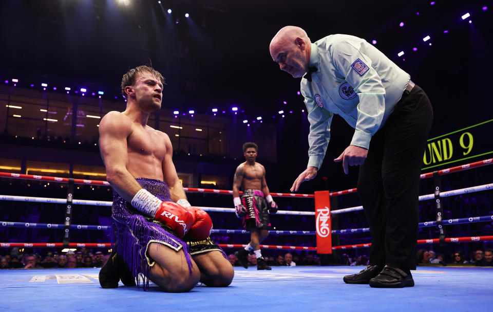 RIYADH, SAUDI ARABIA - FEBRUARY 22: Josh Padley reacts to being knocked by by Shakur Stevenson as referee Victor Loughlin steps in during the WBC World Lightweight Title fight between Shakur Stevenson and Josh Padley as part of Beterbiev v Bivol 2: The Last Crescendo at Kingdom Arena on February 22, 2025 in Riyadh, Saudi Arabia. (Photo by Richard Pelham/Getty Images)