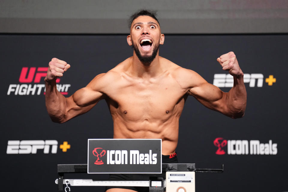 LAS VEGAS, NEVADA - JANUARY 12: Johnny Walker of Brazil poses on the scale at UFC APEX on January 12, 2024 in Las Vegas, Nevada. (Photo by Chris Unger/Zuffa LLC via Getty Images)