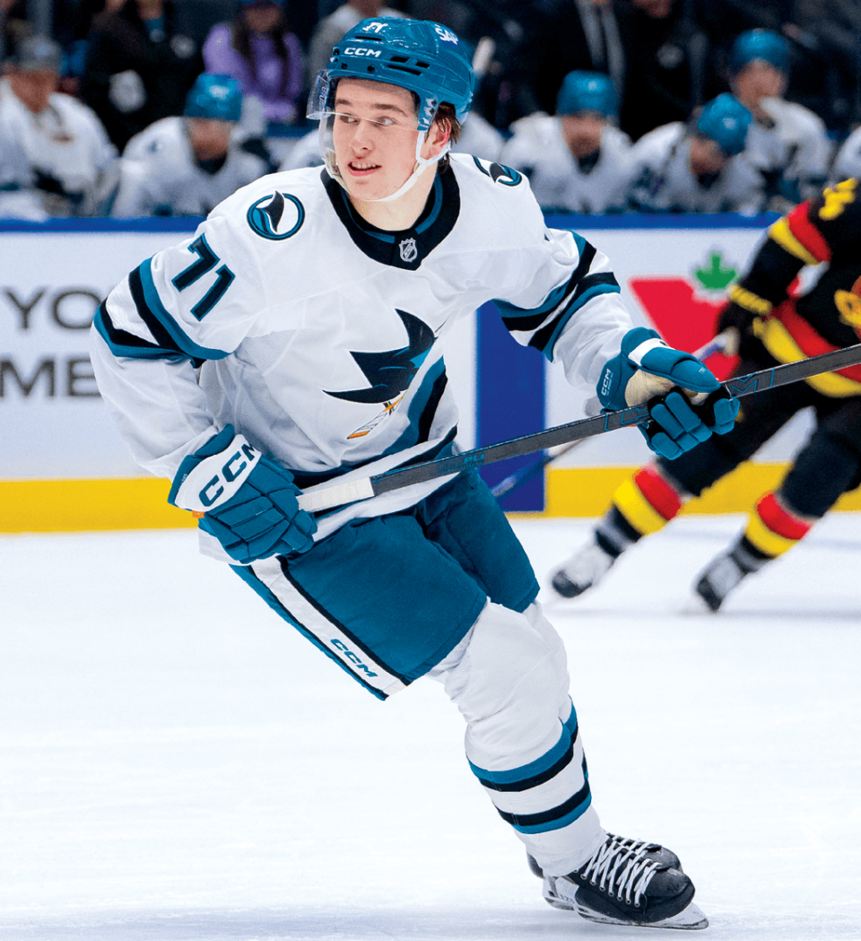 The youngest player in the NHL this season, Celebrini is learning the ropes from his veteran teammates. (Bob Frid-Imagn Images)