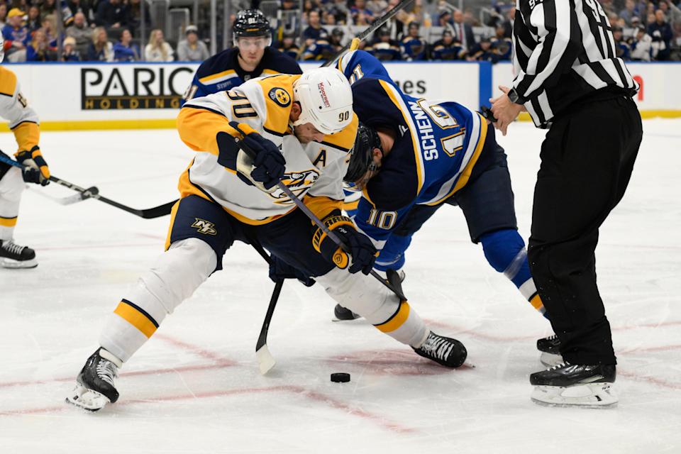 Ryan O'Reilly (left) and Brayden Schenn (10) were teammates with the St. Louis Blues for five seasons. (Jeff Le-Imagn Images)