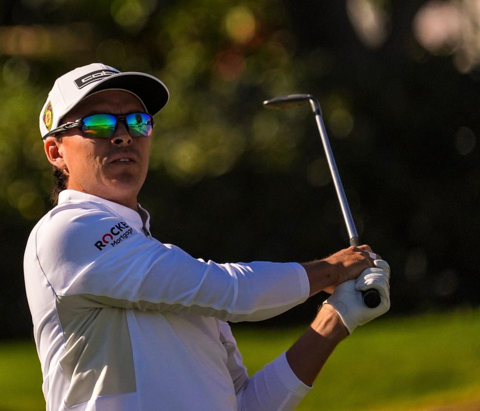 Rickie Fowler tees off on four of the Pete Dye Stadium Course during the third round of The American Express at PGA West in La Quinta, Calif., Saturday, Jan. 18, 2025.