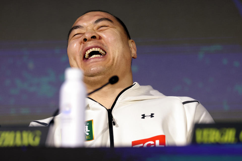 RIYADH, SAUDI ARABIA - FEBRUARY 20: Zhilei Zhang reacts, ahead of his WBC World Heavyweight Title fight with Agit Kabayel  during press conference as part of Beterbiev v Bivol 2: The Last Crescendo at Boulevard City on February 20, 2025 in Riyadh, . (Photo by Richard Pelham/Getty Images)