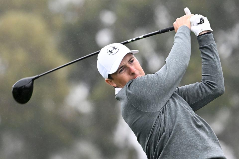 Feb 13, 2025; San Diego, California, USA; Jordan Spieth hits his tee shot on the second hole during the first round of The Genesis Invitational golf tournament at Torrey Pines. Mandatory Credit: Denis Poroy-Imagn Images