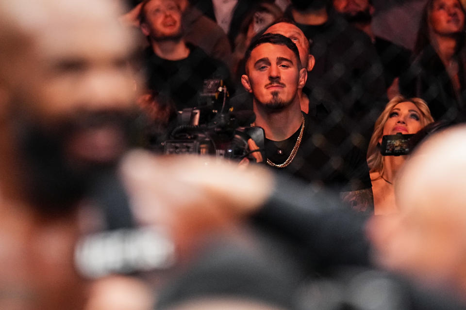 NEW YORK, NEW YORK - NOVEMBER 16: Interim UFC heavyweight champion Tom Aspinall looks on during the UFC heavyweight championship fight during the UFC 309 event at Madison Square Garden on November 16, 2024 in New York City. (Photo by Chris Unger/Zuffa LLC)