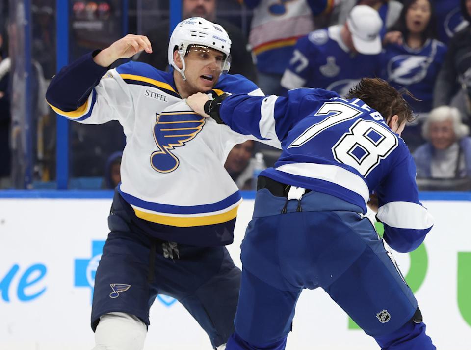 St. Louis Blues captain Brayden Schenn (left) fought Tampa Bay Lightning's Emil Lilleberg earlier this season. (Kim Klement Neitzel-Imagn Images)