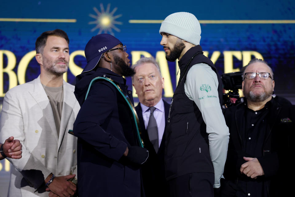 RIYADH, SAUDI ARABIA - FEBRUARY 20: Carlos Adames and Hamzah Sheeraz face off, ahead of his WBC World Middleweight Title fights against during press conference as part of Beterbiev v Bivol 2: The Last Crescendo at Boulevard City on February 20, 2025 in Riyadh, . (Photo by Richard Pelham/Getty Images)