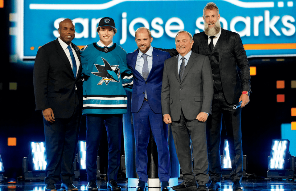 At the NHL draft last June, Celebrini became San Jose’s first-ever No. 1 pick. (Stephen R. Sylvanie-USA Today Sports)