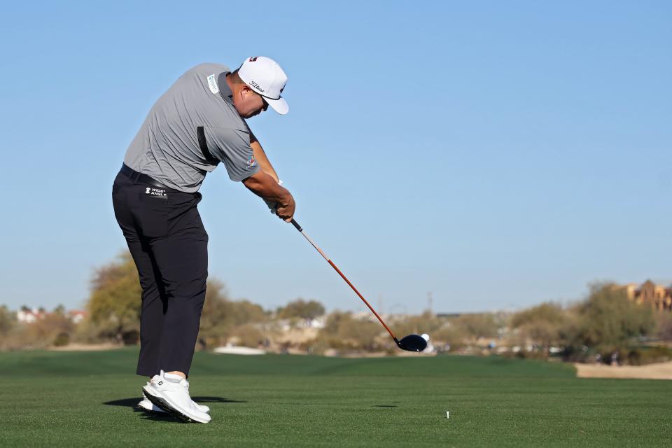 Sungjae Im of South Korea plays his shot from the 13th tee during the first round of the WM Phoenix Open 2025 at TPC Scottsdale on February 06, 2025.