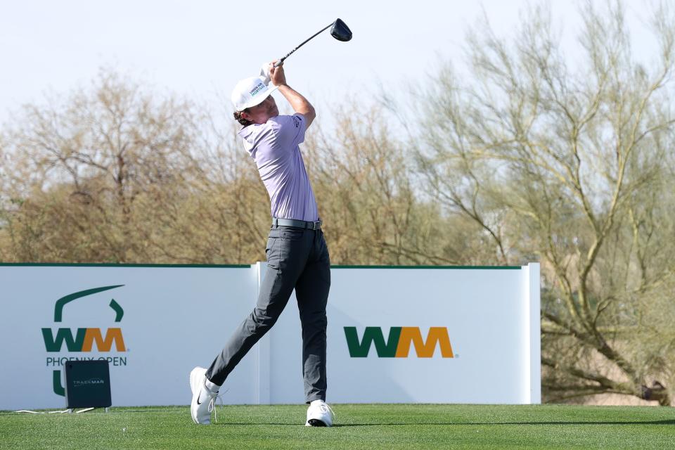 Luke Clanton plays his shot from the ninth tee during the second round of the 2025 WM Phoenix Open at TPC Scottsdale.