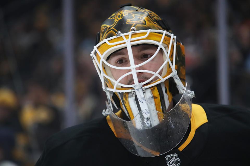 Feb 27, 2025; Pittsburgh, Pennsylvania, USA; Pittsburgh Penguins goaltender Joel Blomqvist (30) looks on against the Philadelphia Flyers during the second period at PPG Paints Arena. (Charles LeClaire-Imagn Images)