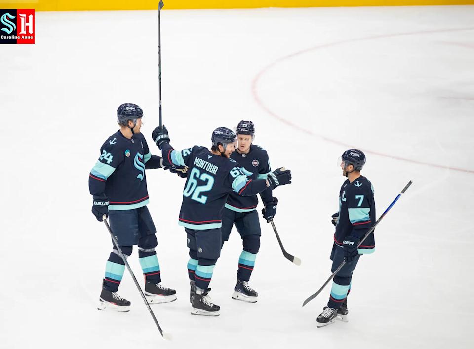 Brandon Montour celebrates a goal against Montreal on March 12, 2025. Photo by Caroline Anne.