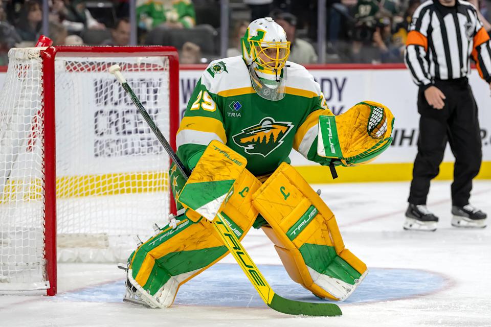 Mar 9, 2025; Saint Paul, Minnesota, USA; Minnesota Wild goalie Marc-Andre Fleury (29) tracks the play against the Pittsburgh Penguins during the third period at Xcel Energy Center. (Nick Wosika-Imagn Images)