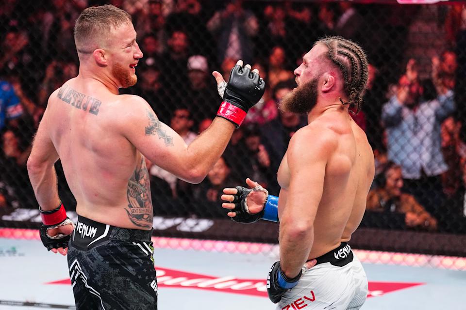 LAS VEGAS, NEVADA - MARCH 08: (L-R) Justin Gaethje and Rafael Fiziev of Kazakstan congratulate each other at the end of their lightweight fight during the UFC 313 event at T-Mobile Arena on March 08, 2025 in Las Vegas, Nevada.  (Photo by Jeff Bottari/Zuffa LLC)