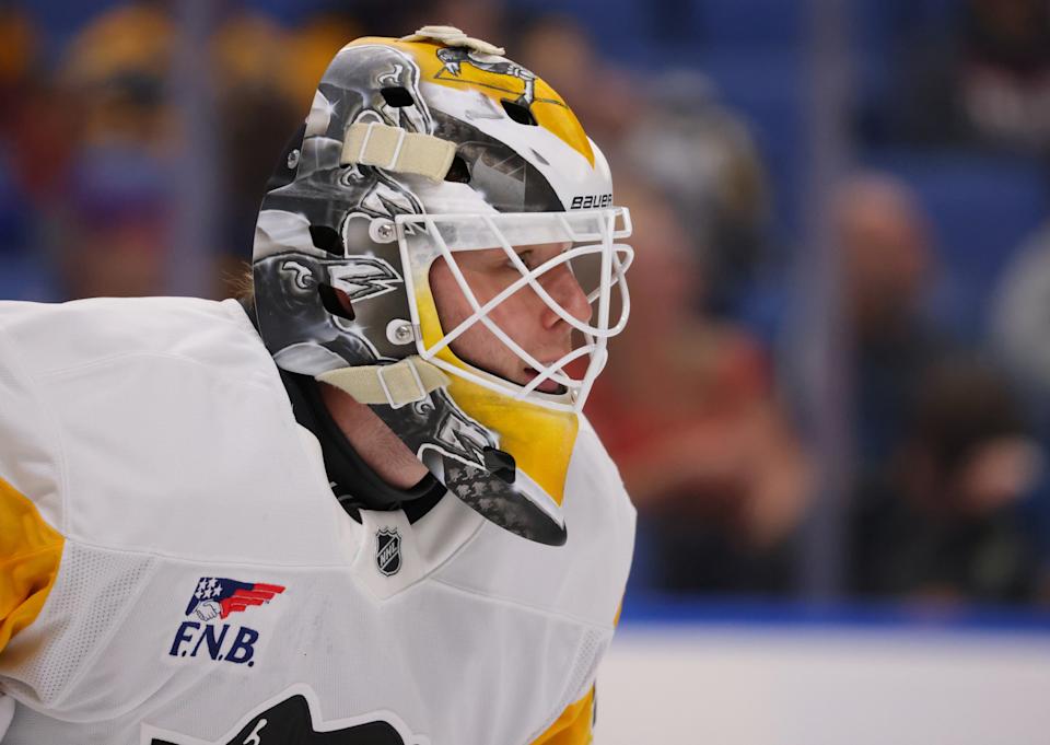 Sep 21, 2024; Buffalo, New York, USA; Pittsburgh Penguins goalie Filip Larsson (31) during the second period against the Buffalo Sabres at KeyBank Center. (Timothy T. Ludwig-Imagn Images)