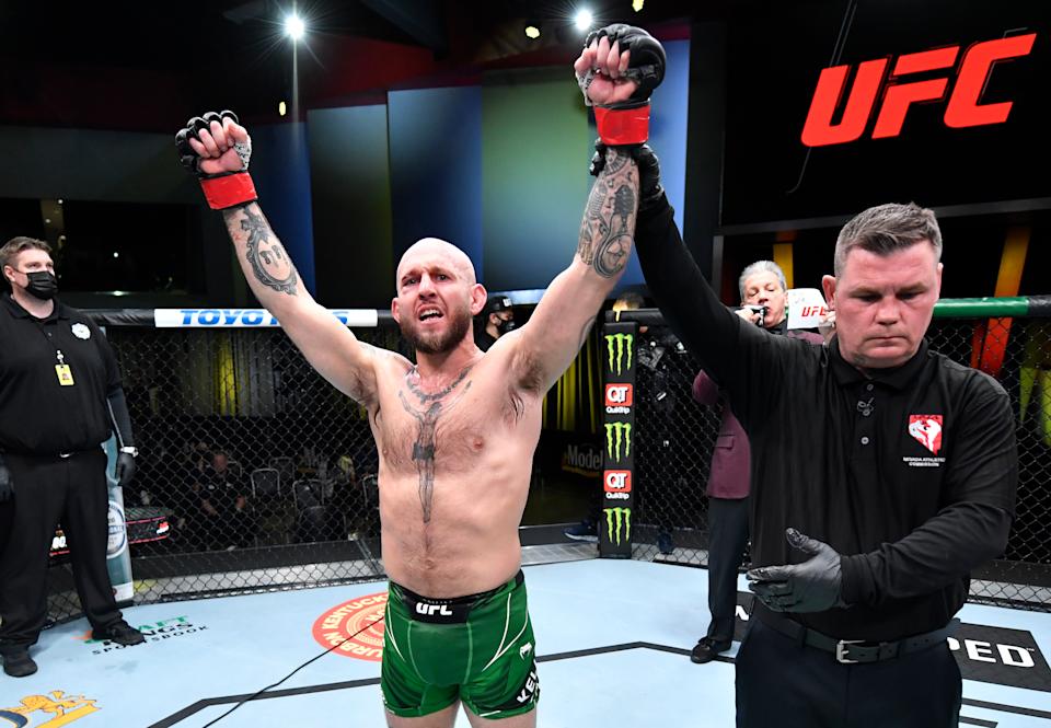 LAS VEGAS, NEVADA - JANUARY 15: Brian Kelleher reacts after his victory over Kevin Croom in their featherweight fight during the UFC Fight Night event at UFC APEX on January 15, 2022 in Las Vegas, Nevada. (Photo by Jeff Bottari/Zuffa LLC via Getty Images)