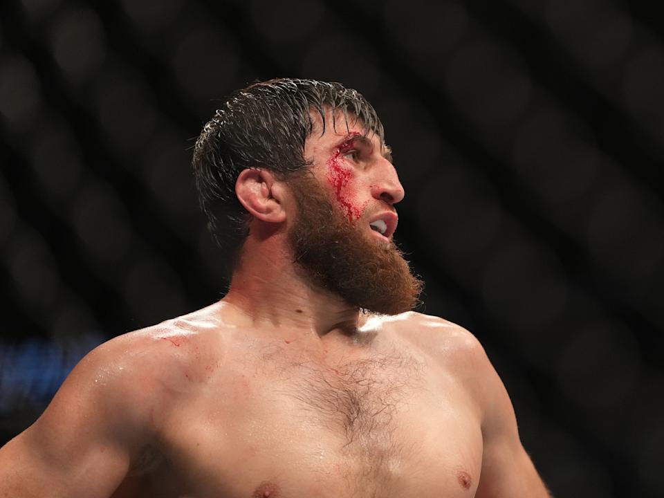 Dec 10, 2022; Las Vegas, Nevada, USA;  Magomed Ankalaev (blue gloves) reacts during the fight against Jan Blachowicz (red gloves) during UFC 282 at T-Mobile Arena. Mandatory Credit: Stephen R. Sylvanie-USA TODAY Sports