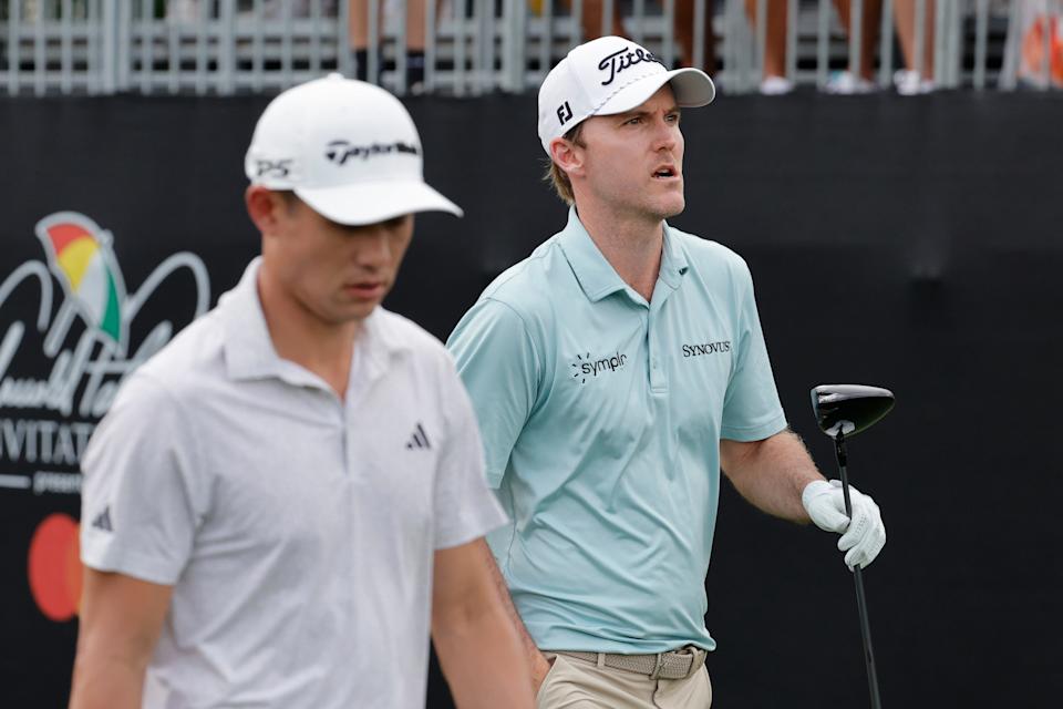 Mar 9, 2025; Orlando, Florida, USA; Russell Henley (right) walks off of the first tee along with Colin Morikawa during the final round of the Arnold Palmer Invitational golf tournament at Bay Hill. Mandatory Credit: Reinhold Matay-Imagn Images