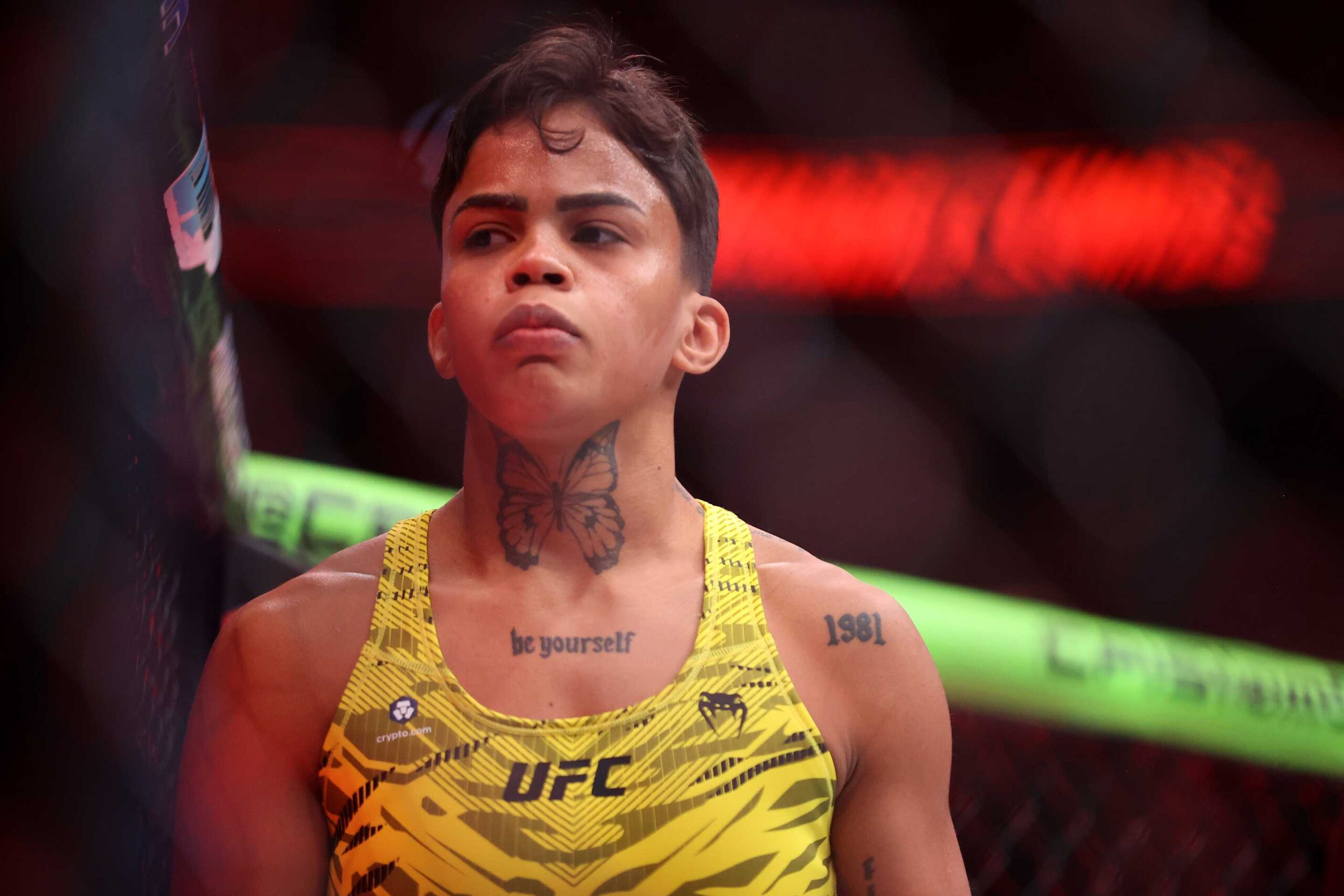 LAS VEGAS, NEVADA - MARCH 08: Iasmin Lucindo of Brazil looks on prior to her strawweight bout against Amanda Lemos of Brazil during UFC 313 at T-Mobile Arena on March 08, 2025 in Las Vegas, Nevada.  (Photo by Ian Maule/Getty Images)