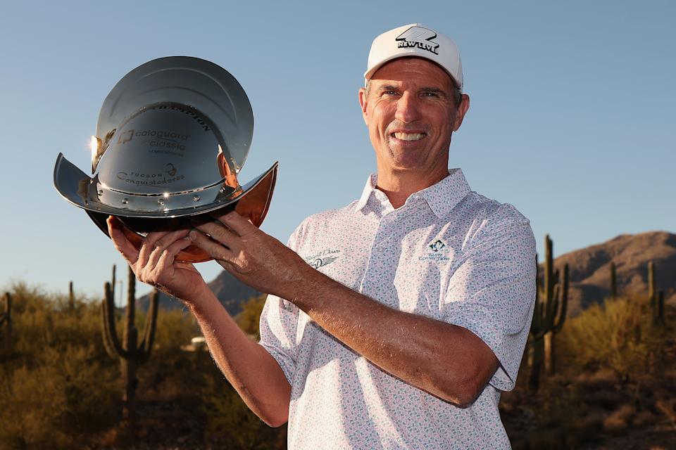 Steven Alker poses with the trophy, a conquisador helmet, after winning the 2025 Cologuard Classic at La Paloma Country Club in Tucson, Arizona.