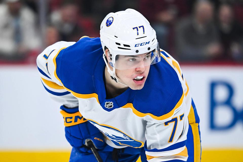 Dec 17, 2024; Montreal, Quebec, CAN; Buffalo Sabres right wing JJ Peterka (77) waits for a face-off against the Montreal Canadiens during the second period at Bell Centre. (David Kirouac-Imagn Images)