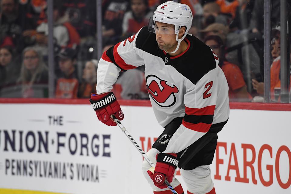 Mar 9, 2025; Philadelphia, Pennsylvania, USA; New Jersey Devils defenseman Brian Dumoulin (2) against the Philadelphia Flyers at Wells Fargo Center. Mandatory Credit: Eric Hartline-Imagn Images