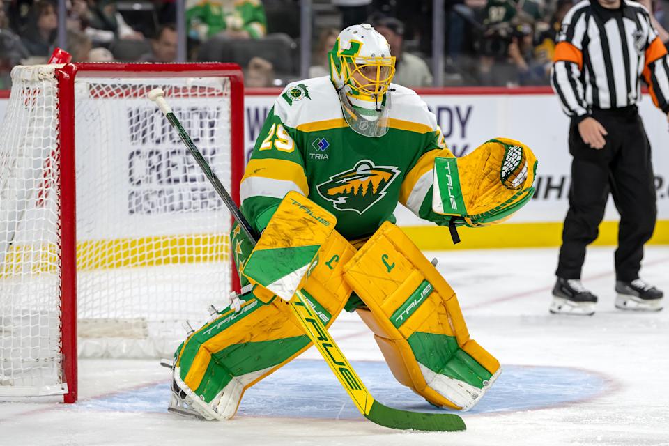 Mar 9, 2025; Saint Paul, Minnesota, USA; Minnesota Wild goalie Marc-Andre Fleury (29) tracks the play against the Pittsburgh Penguins during the third period at Xcel Energy Center. Mandatory Credit: Nick Wosika-Imagn Images.