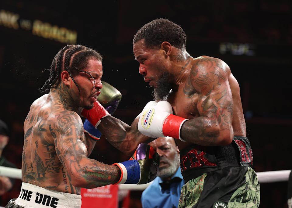 NEW YORK, NEW YORK - MARCH 01:  Lamont Roach Jr. punches Gervonta Davis during their bout for Davis' WBA lightweight title at Barclays Center on March 01, 2025 in New York City. (Photo by Al Bello/Getty Images)