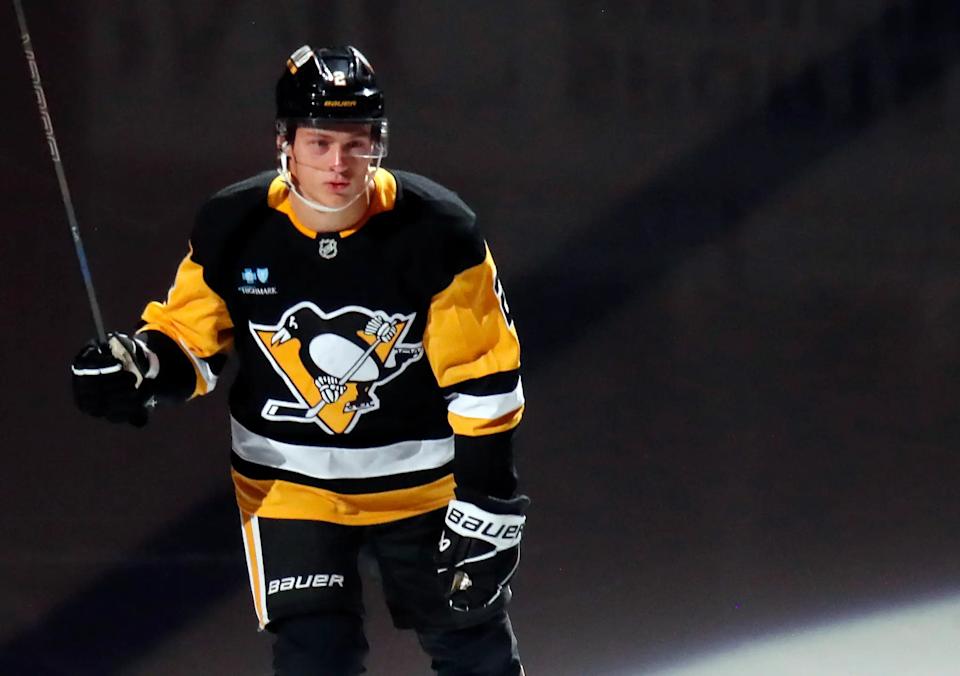 Oct 9, 2024; Pittsburgh, Pennsylvania, USA; Pittsburgh Penguins right wing Rutger McGroarty (2) reacts during player introductions before making his NHL debut against the New York Rangers at PPG Paints Arena. (Charles LeClaire-Imagn Images)