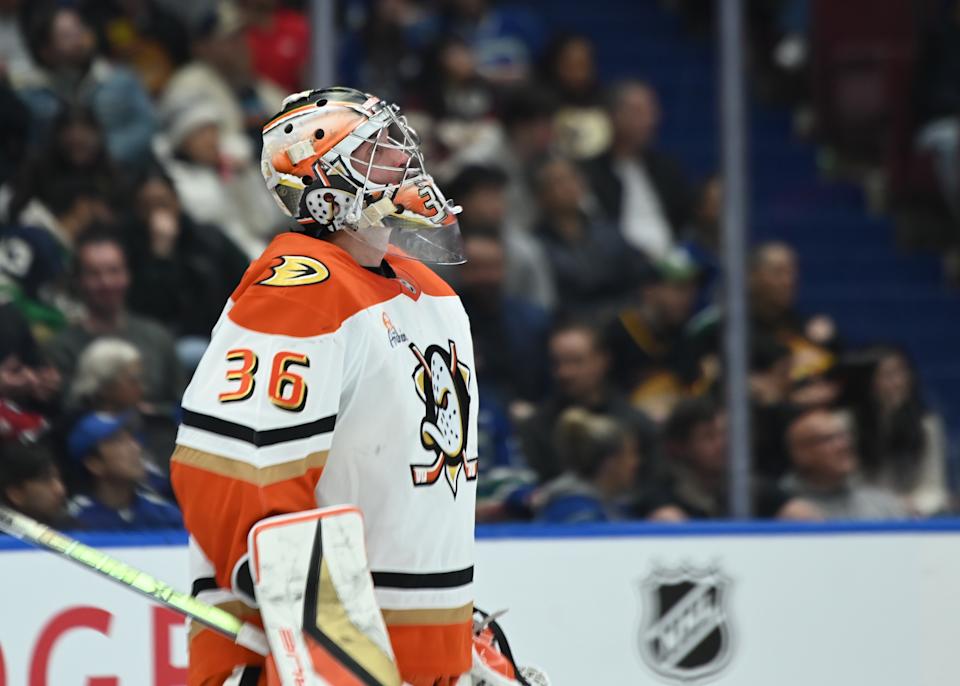 Mar 5, 2025; Vancouver, British Columbia, CAN; Anaheim Ducks goaltender John Gibson (36) looks on during the third period against the Vancouver Canucks at Rogers Arena. Mandatory Credit: Simon Fearn-Imagn Images