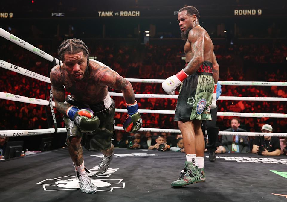 NEW YORK, NEW YORK - MARCH 01:  Gervonta Davis takes a knee in the middle of round nine due to the grease in his braids dripped into his eyes against Lamont Roach Jr. during their bout for Davis' WBA lightweight title at Barclays Center on March 01, 2025 in New York City. (Photo by Al Bello/Getty Images)