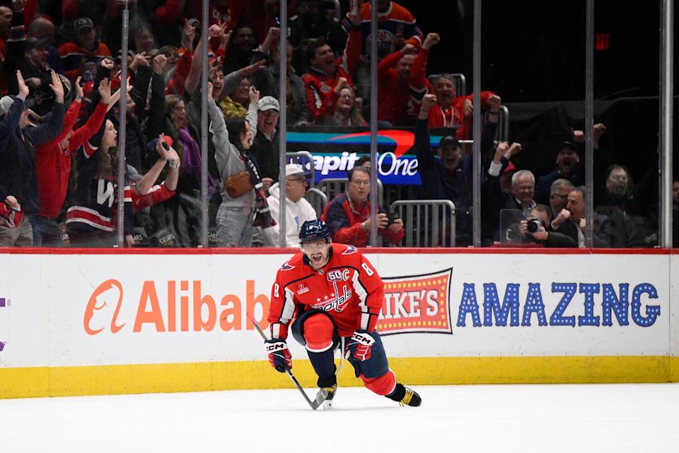 Washington Capitals left wing Alex Ovechkin celebrates after scoring against the Edmonton Oilers on Feb. 23.