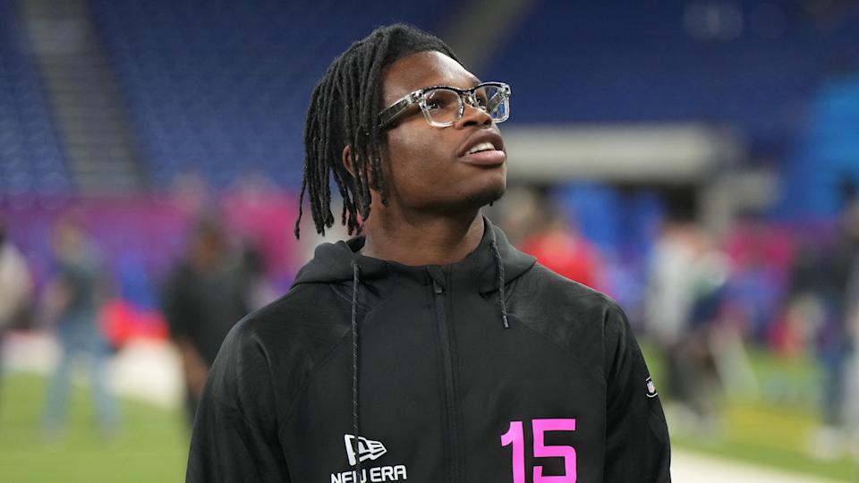 Feb 28, 2025; Indianapolis, IN, USA; Colorado defensive back Travis Hunter (DB15) looks on during the 2025 NFL Scouting Combine at Lucas Oil Stadium. Mandatory Credit: Kirby Lee-Imagn Images