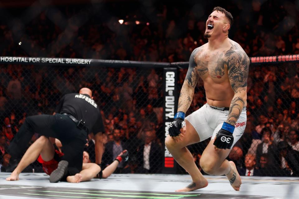 An emotional Aspinall reacts to his interim UFC title win in Madison Square Garden (Getty Images)