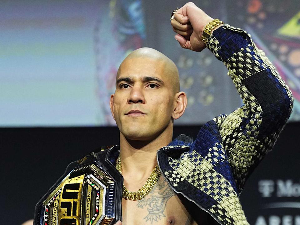 LAS VEGAS, NEVADA - MARCH 06: Alex Pereira of Brazil poses on stage during the UFC 313 press conference at Michelob ULTRA Arena on March 06, 2025 in Las Vegas, Nevada. (Photo by Jeff Bottari/Zuffa LLC)