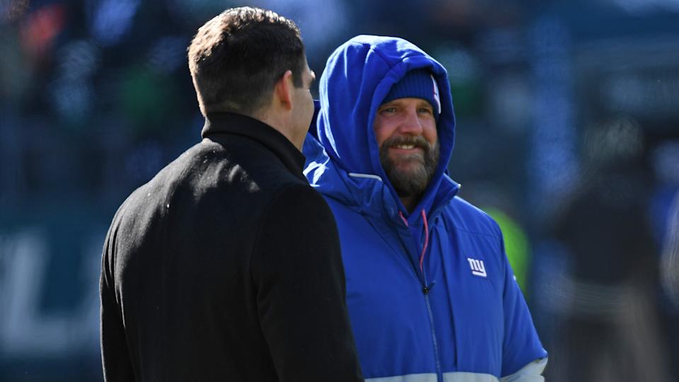 Jan 5, 2025; Philadelphia, Pennsylvania, USA; New York Giants general manager Joe Schoen and head coach Brian Daboll before game against the Philadelphia Eagles at Lincoln Financial Field. Mandatory Credit: Eric Hartline-Imagn Images