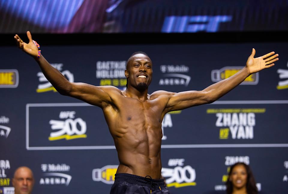 Apr 12, 2024; Las Vegas, Nevada, USA; UFC fighter Jalin Turner during ceremonial weigh ins for UFC 300 at MGM Grand Garden Arena. Mandatory Credit: Mark J. Rebilas-USA TODAY Sports